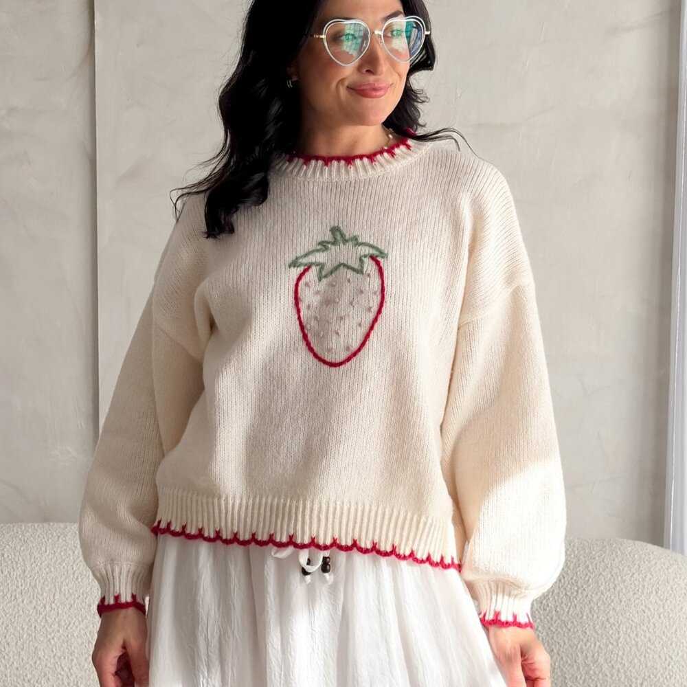 Strawberry Embroidered Knit Sweater – Cream